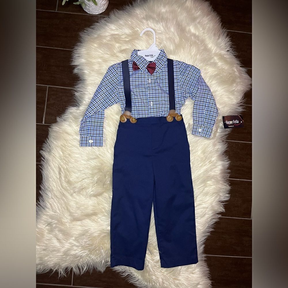 Happy Fella plaid button down suspenders pant set sz 4